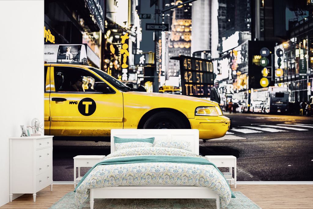 MuchoWow Fototapete für Wohnzimmer oder Schlafzimmer Wandtapete Vinyl Motivtapete New York - Taxi - Gelb - 600x400 cm - Vinyltapeten