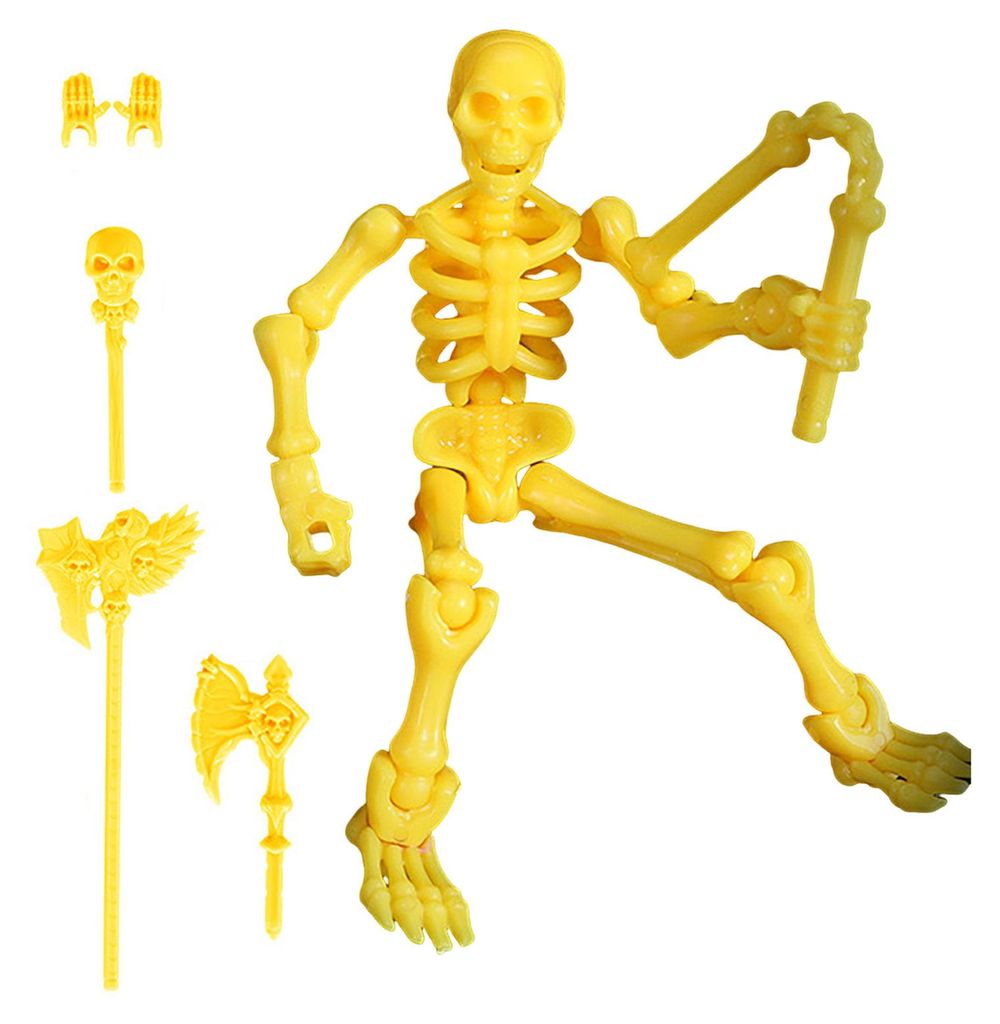 Bewegliches, gelenkiges menschliches Skelett – Actionfigur zum Sammeln, mit verschiedenen Waffensets, ideal als Schreibtischdekoration.