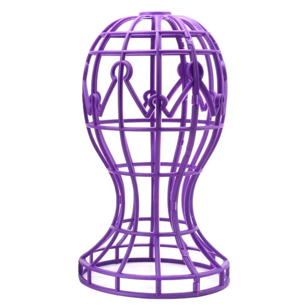 A purple plastic wig stand is shown against a white background.