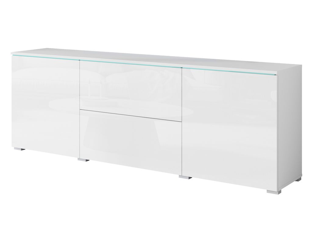 A white, high-gloss sideboard with a light blue accent strip along the top edge, shown against a white background.