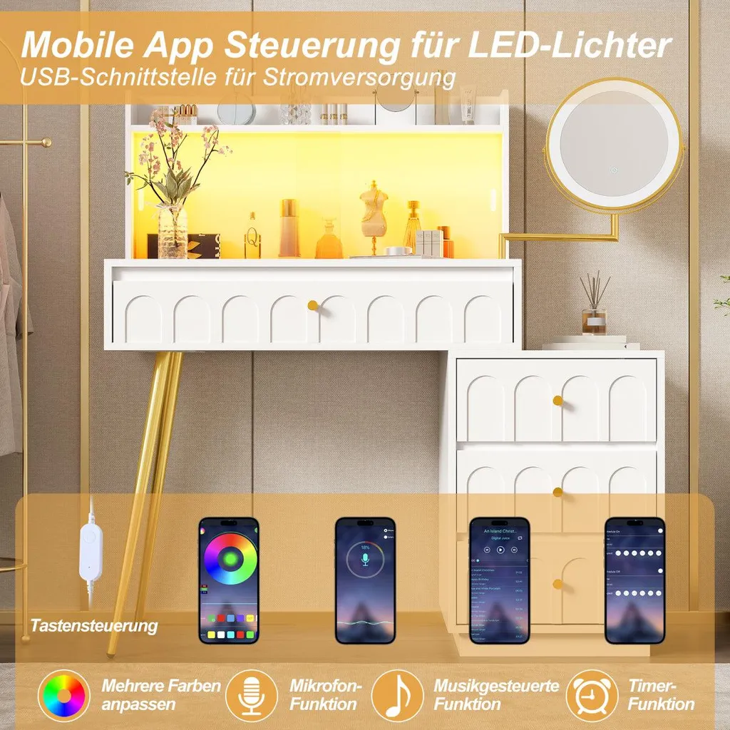 Coiffeuse blanche miroir lumineux pour optimiser le rangement - 9