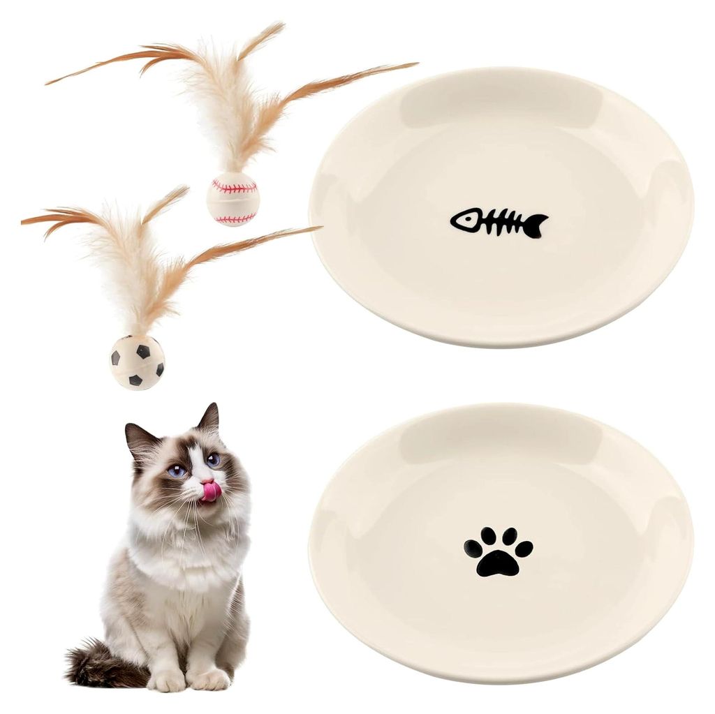Katzennapf aus Keramik 2er-Set – Rutschfestes Napfset mit Silikonbasis, Flacher Fressnapf für Nass- und Trockenfutter, Whiskerfreundlicher Futte...