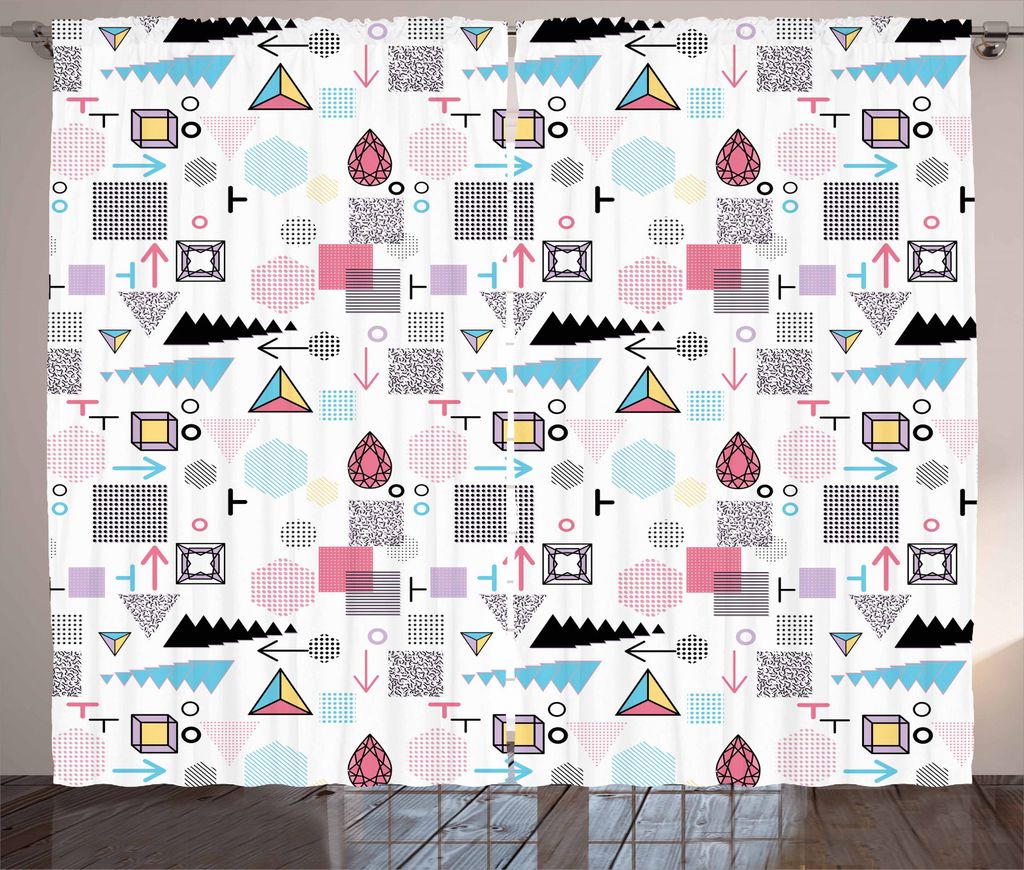ABAKUHAUS Abstrakt Rustikaler Vorhang, Memphis Cubes Arrows, Wohnzimmer Universalband Gardinen mit Schlaufen und Haken, 280 x 245 cm, Mehrfarbig