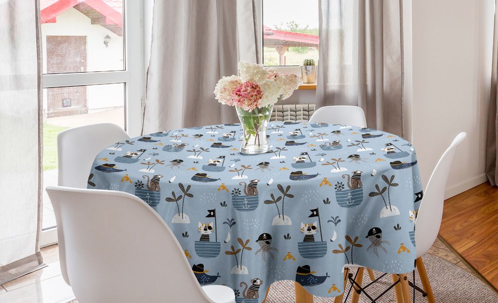 ABAKUHAUS Katze Runde Tischdecke, Meerestiere auf Schiff, Kreis Tischdecke Abdeckung für Esszimmer Küche Dekoration, 150 cm, Mehrfarbig