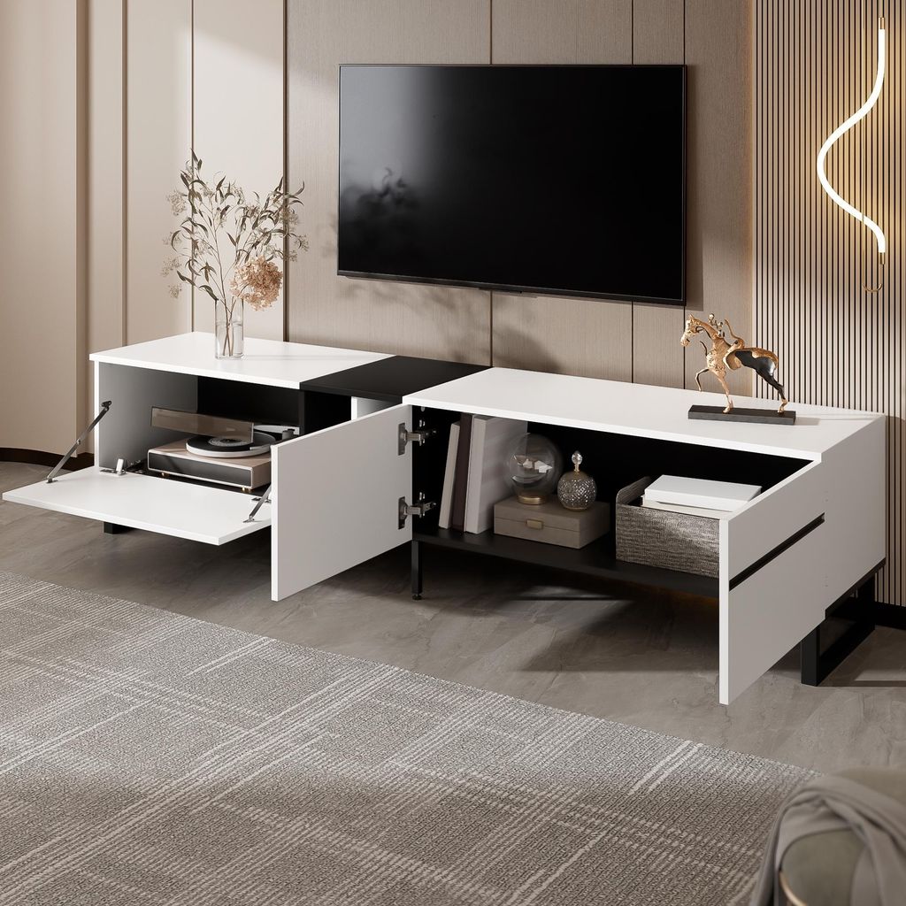 STILVORA TV-Schrank mit offenen Fächern und Doppeltüren, TV-Lowboard 180 cm in Weiß mit Klappfach, Fernsehschrank als Sideboard, TV-Möbel & Woh...