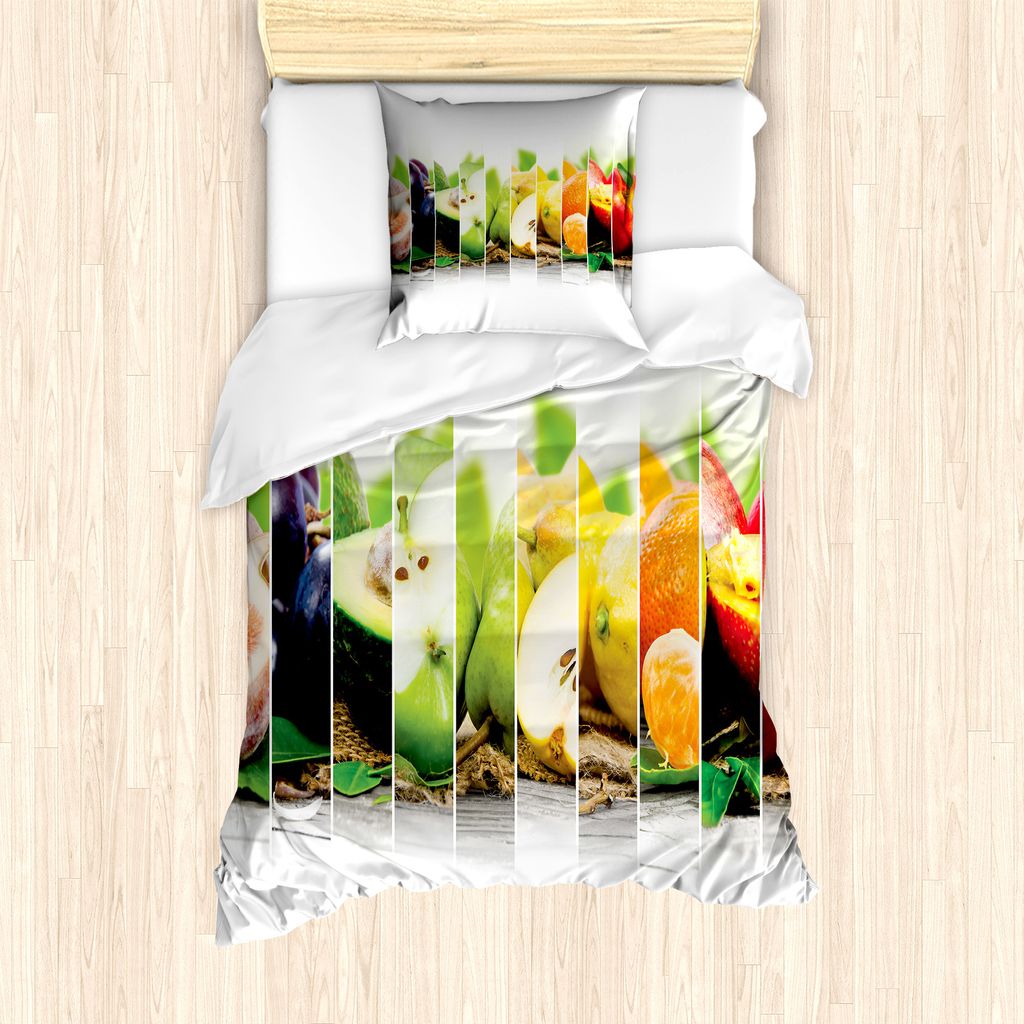ABAKUHAUS Collage Bettbezug Set für Einzelbetten, Bunte saftige Frische Früchte, Milbensicher Allergiker geeignet mit Kissenbezug, 135 cm x 200 c...