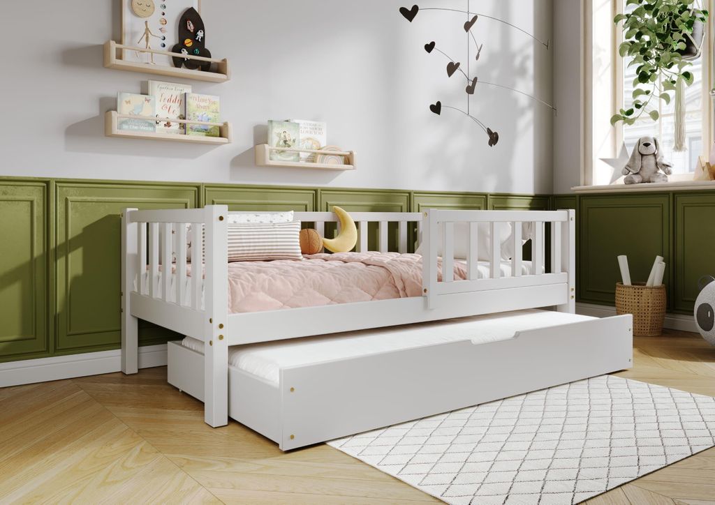 TIMBEE LENA Duo Doppelbett Kinderbett Holz Bett mit Schublade mit Schlaffunktion - Grau - 100x200cm