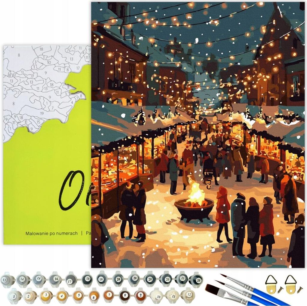 Malen nach Zahlen Erwachsene Weihnachten Stadtchen 50x40 - 24 Acrylfarben, Leinwand mit Holzrahmen, 3 Pinseln und Zubehör Oh Art!