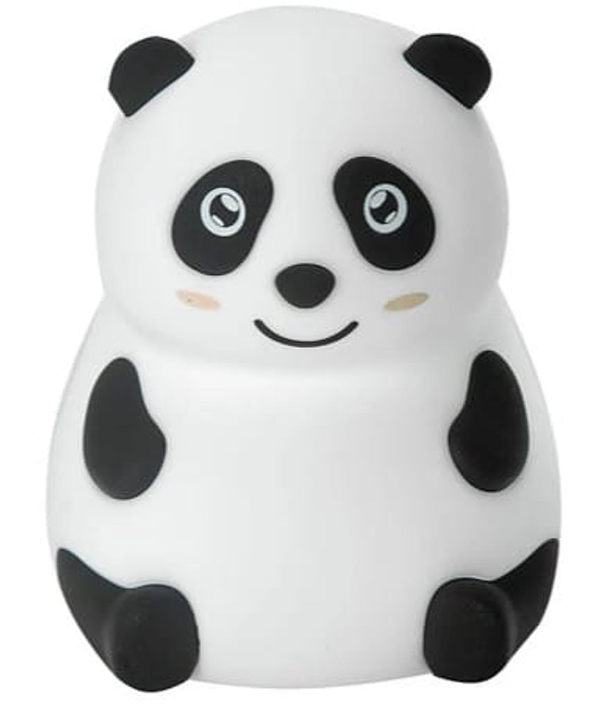 A cute, cartoonish panda bear figurine is shown against a plain white background.
