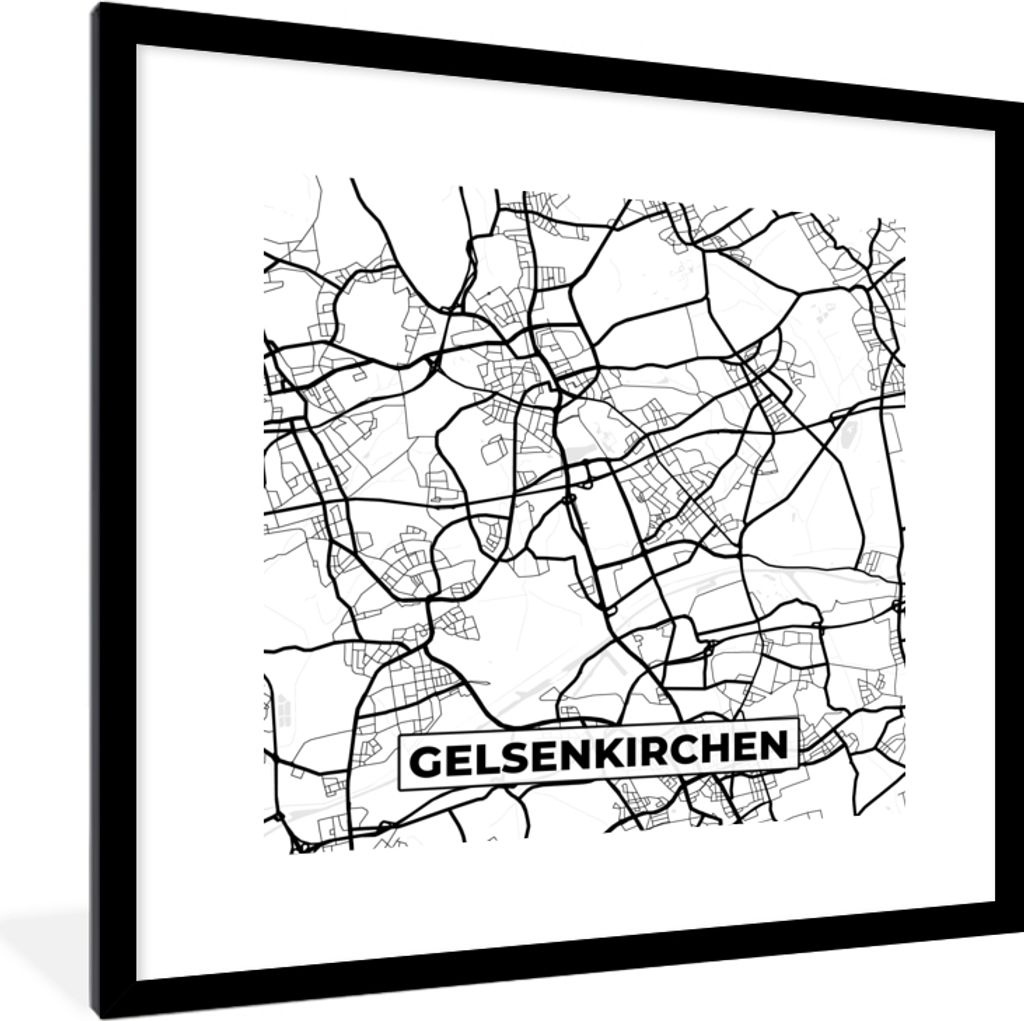 MuchoWow Gerahmtes Poster Karte - Gelsenkirchen - Stadtplan 40x40 cm - Poster mit Schwarzem Bilderrahmen Wandposter Rahmen Foto Bilder - Poster -...