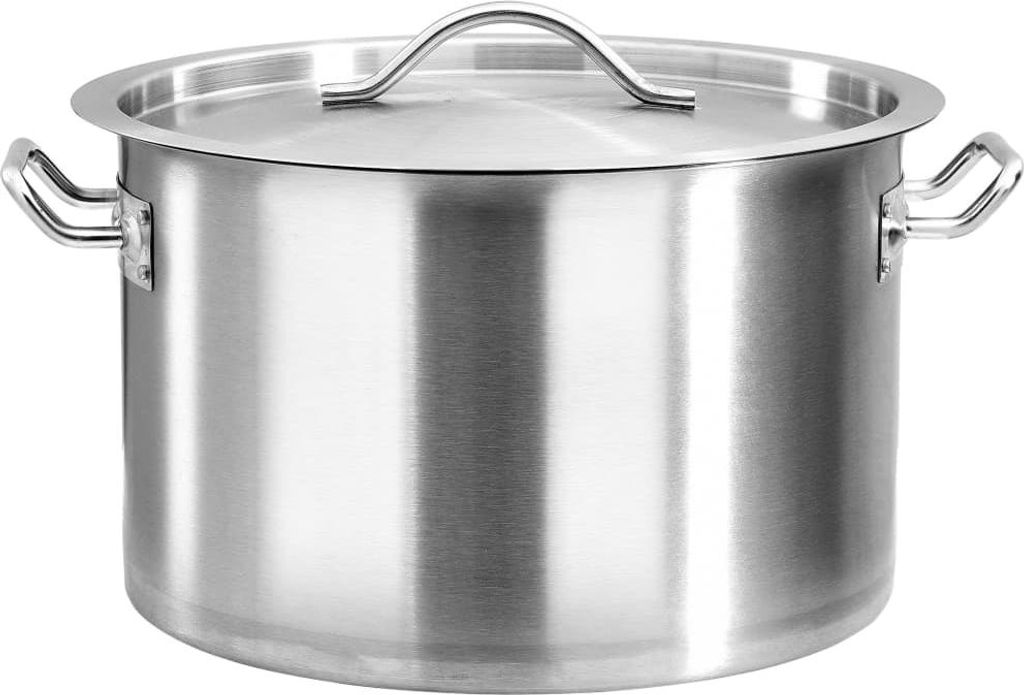 A stainless steel cooking pot with a lid and handles, shown from the front on a white background.