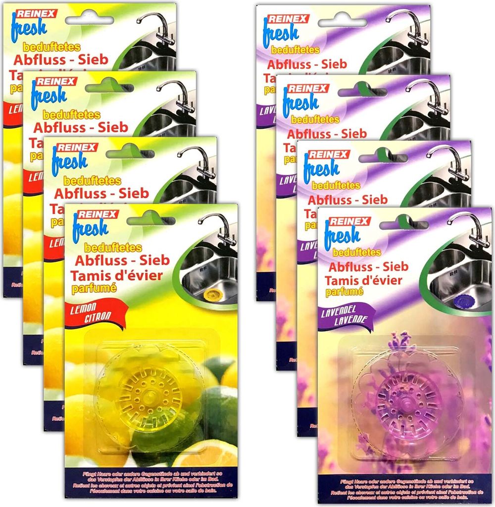 8er Set Abflusssieb Waschbecken mit Duft | Ablaufsieb Spülbecken Zitrone Lavendel| Spülbeckensieb Küche Bad | Haarsieb Siebkorb Abfluss Kunststoff