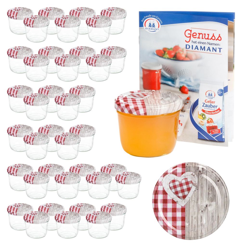 A collage of jam jars, a recipe booklet, and a decorative plate.