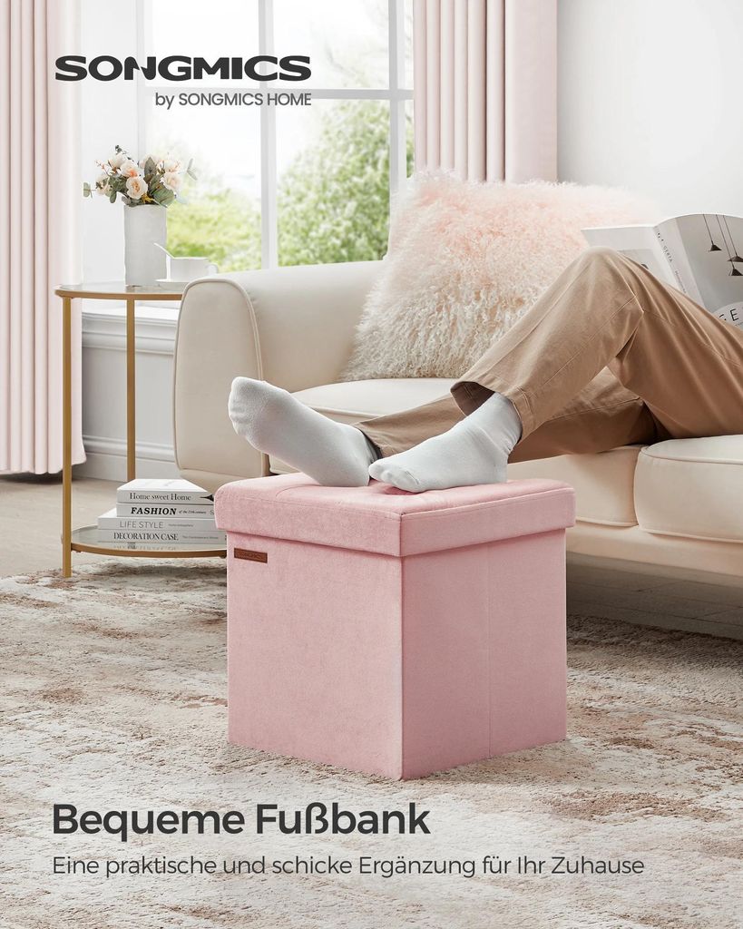 Sitzbank mit Stauraum & Hocker - Ottomane - Mit Deckel - Tragkraft 300 kg - Einfache Montage - Rosa