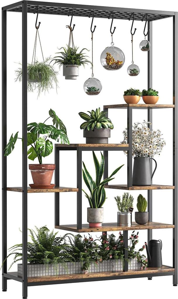 Pflanzenständer für innen - Metall Blumenregal mit 5 Ebenen - 6 S-Haken - Für Blumentöpfe & Bonsai - Selbstmontage - Orange