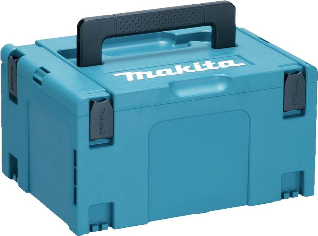 A teal Makita tool case with a black handle.