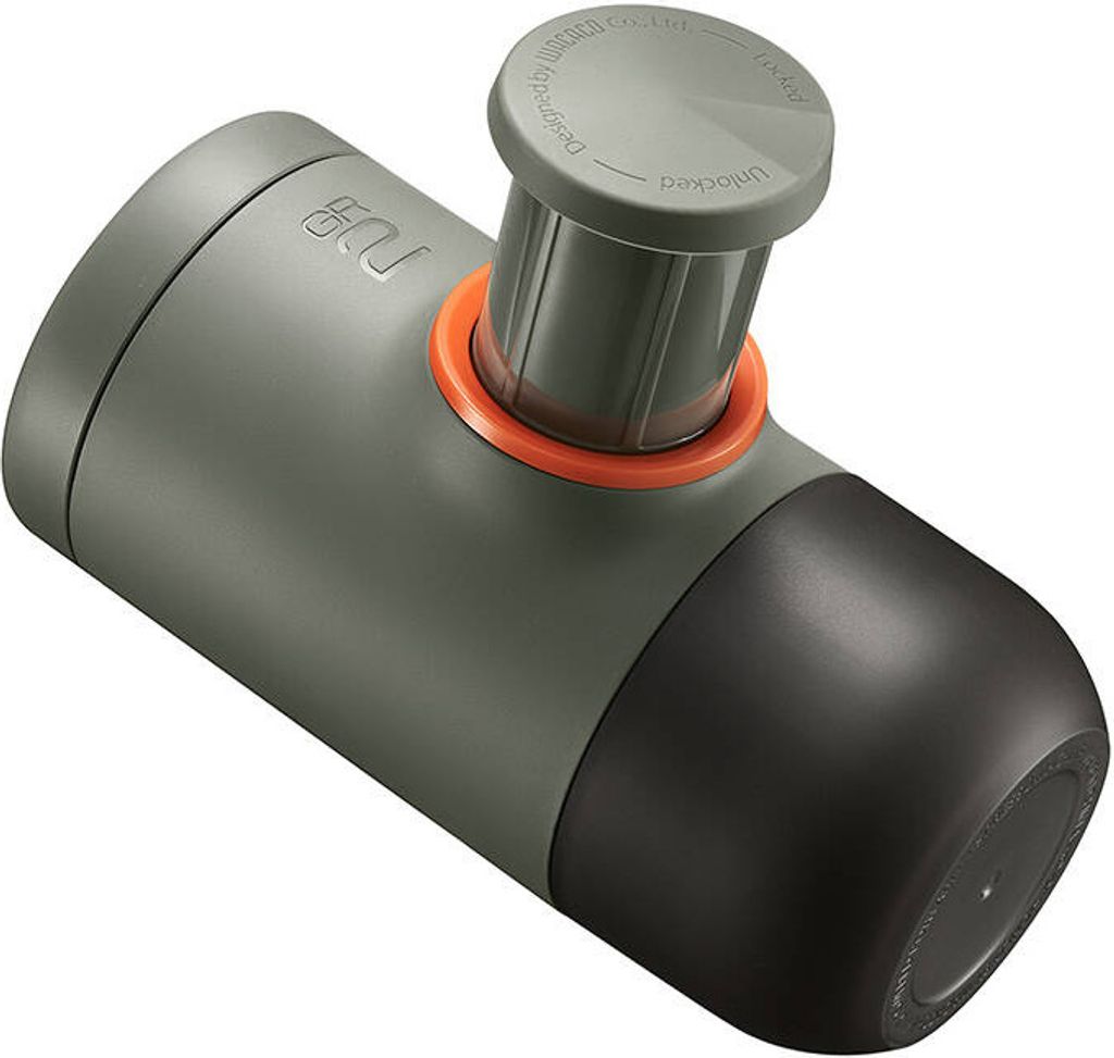 A portable espresso maker on a white background.