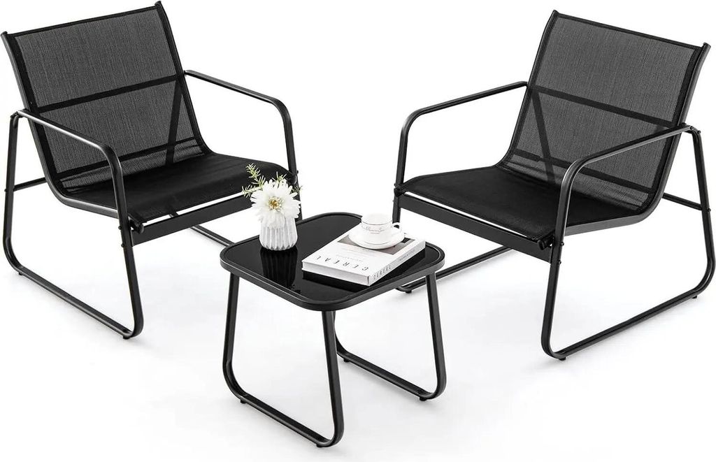 Gartenmöbel Set - 3-Teiliges Balkonset - 2 Stühle & Tisch - Atmungsaktives Gewebe - Zum Zusammenbauen - Schwarz