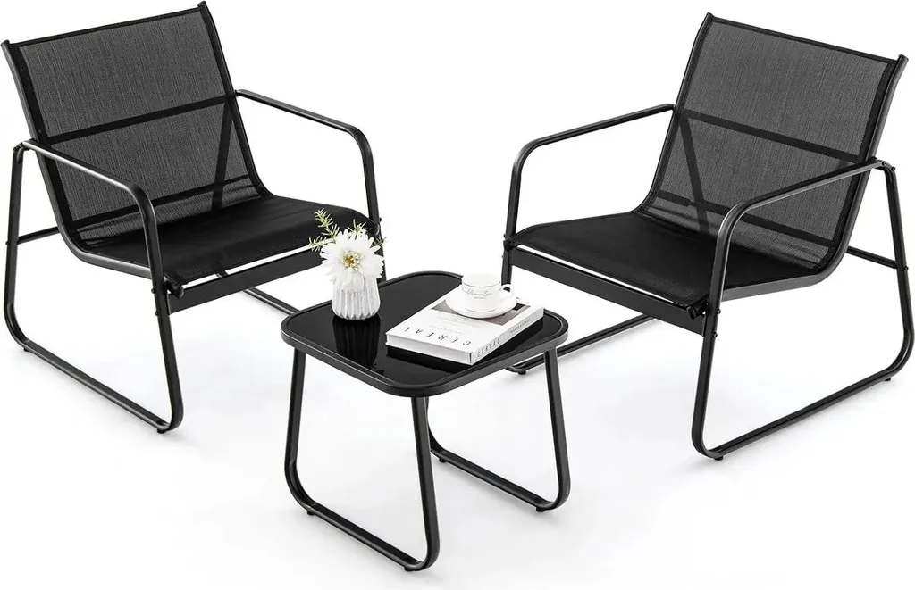 Ensemble de Balcon 3 Pièces Noir avec 2 Chaises et Table de Jardin