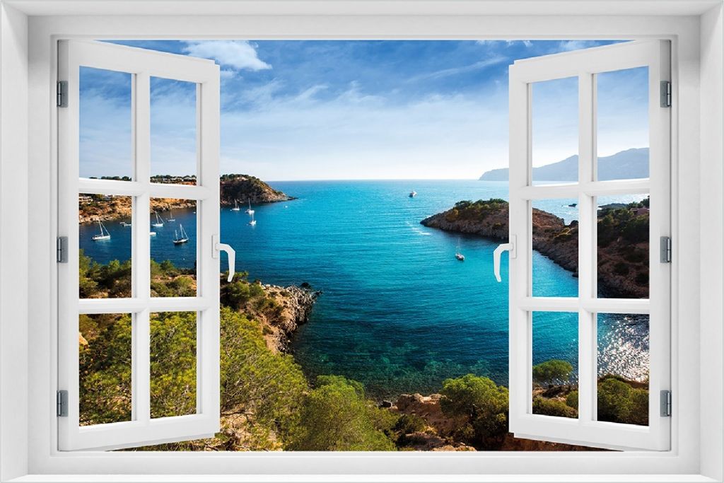 Wallario Poster mit Fenster-Illusion: Ibiza - Blick von einer Bucht aufs Meer, Größe: 100 x 150 cm