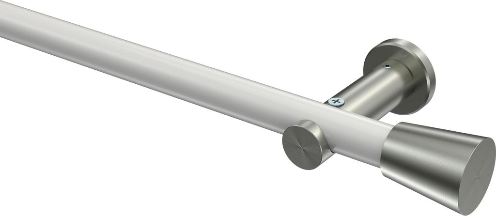 Interdeco Gardinenstange / Vorhangstange Weiß / Edelstahl-Optik, Typ Platon Sitra (Konus) ohne Ringe, 20 mm Ø 1-läufig, 180 cm