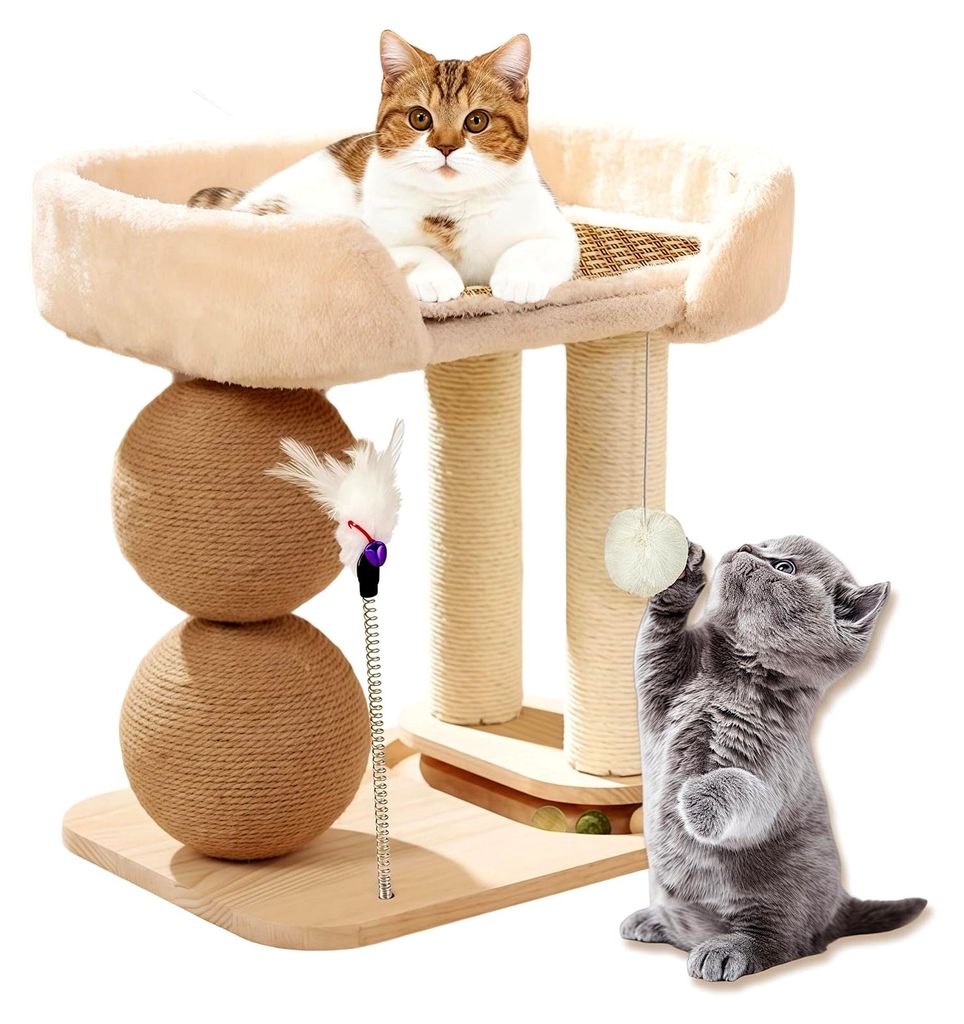 Interaktives Katzenspielzeug aus Holz 6 in 1 mit hängenden Kugeln, drehbarem Smart Track Ball, Kühlmatte für Katzenbett, Federn und Sisal-Katzen...