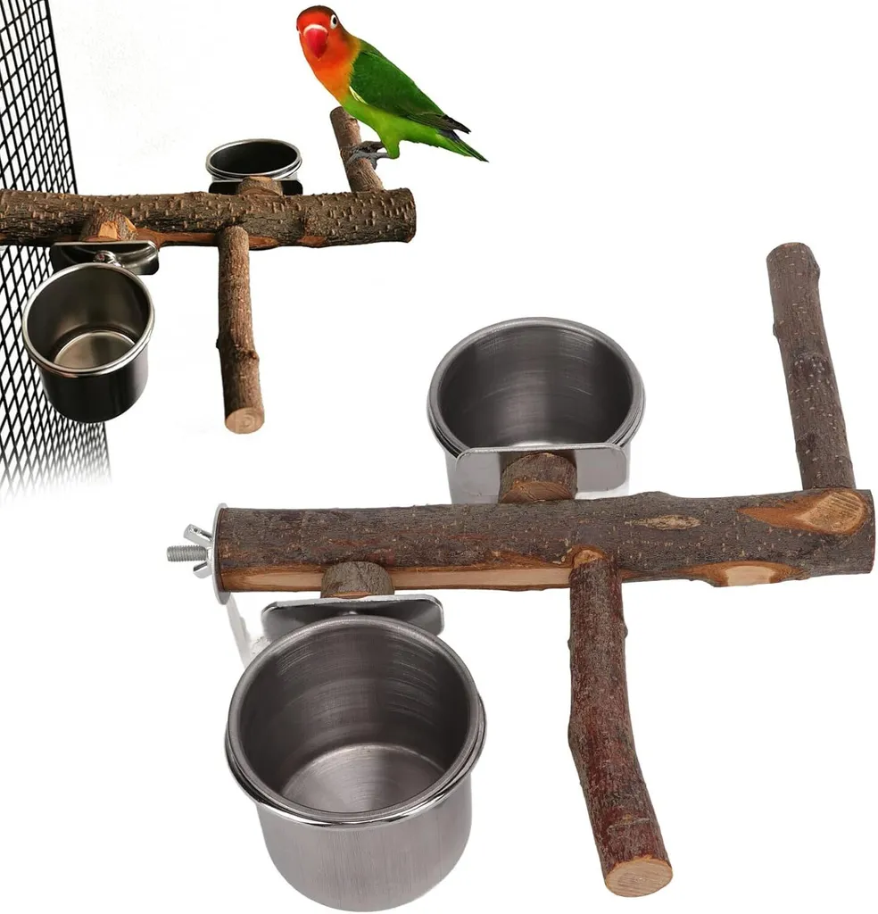 Ciotola per uccelli 33 cm Pappagallo Supporto in legno Alimentatore in acciaio inox Piccolo Medio Budgies Shotet Cockatiel
