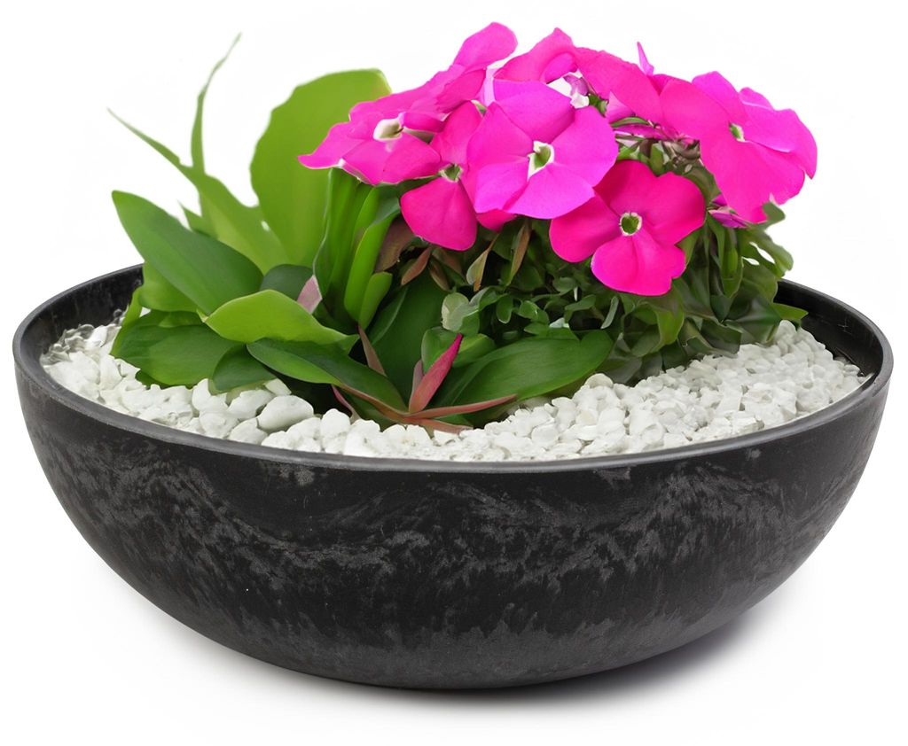 Runde bauchige 25 cm Pflanzschale für draussen, schwarz Produktbild 