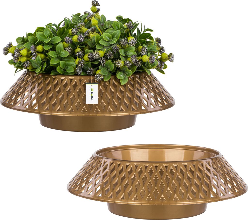 2 Stück Friedhofsschale Rund Blumentopf Ø 23 cm Kunststoff Dekorative Blumenschale im Glänz Gold, durchbrochene Dekoration - Grabstein-Blumenarr...