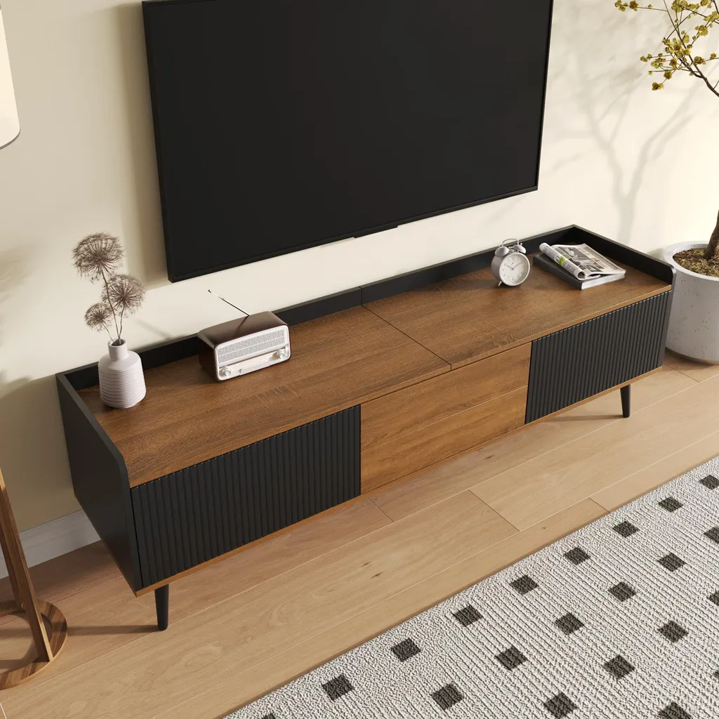 Buffet bas multimédia bicolore 160 cm avec rangements fermés 3 portes