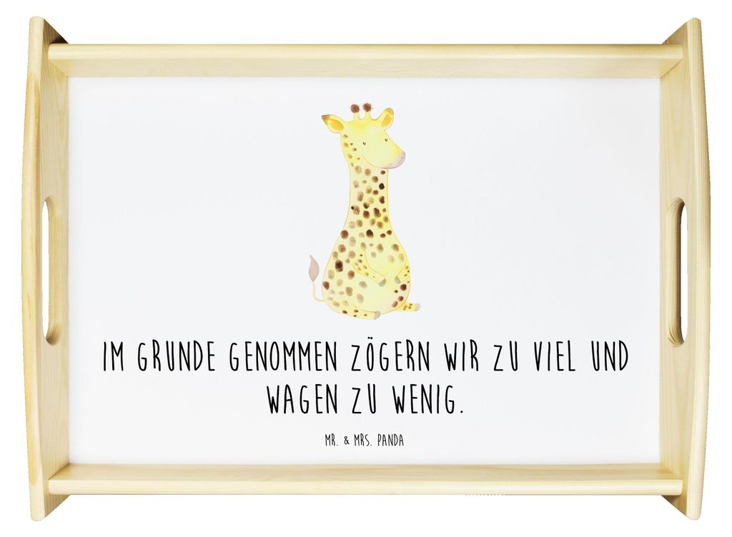 Mr. & Mrs. Panda Tablett Giraffe Zufrieden - Weiß - Geschenk, zum servieren, Abenteuer, Servier, Holztablett, Glück, Afrika, Bett-Tablett, Sofa