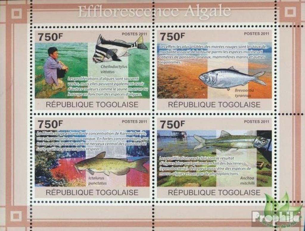 Briefmarken Togo 2011 Mi 3864-3867 Kleinbogen (kompl. Ausgabe) postfrisch Algenblüten, Fische