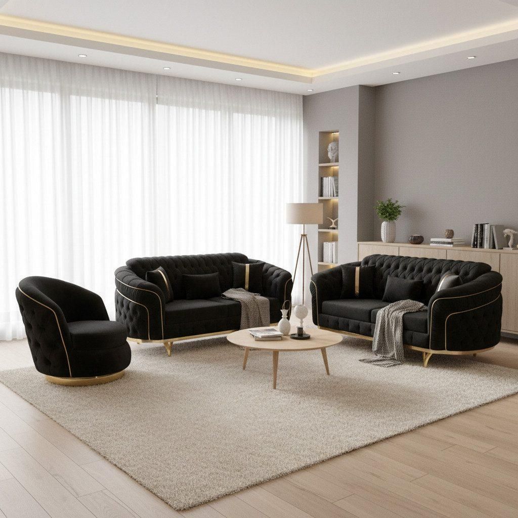 Sofa -Set MIRAY mit Knopfheftung in 5 edlen Farbvarianten 3-Sitzer + 3-Sitzer + Sessel, 3-Sitzer mit Schlaffunktion Farbe: Schwarz