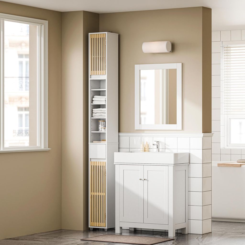 SoBuy Badezimmer-Hochschrank mit 2 Türen Aufbewahrungsmöbel Weiß Skandinavisch BZR34-BW