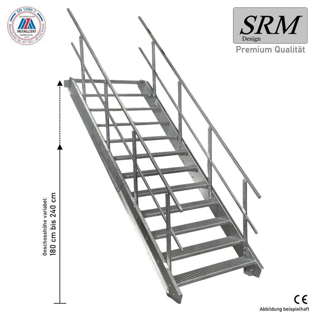 12 Stufen Stahltreppe beidseitig. Geländer Breite 140cm Produktbild 