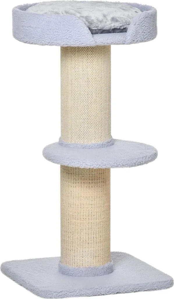 Arbre à chat bois bleu clair pour petit appartement, 3 niveaux de jeu
