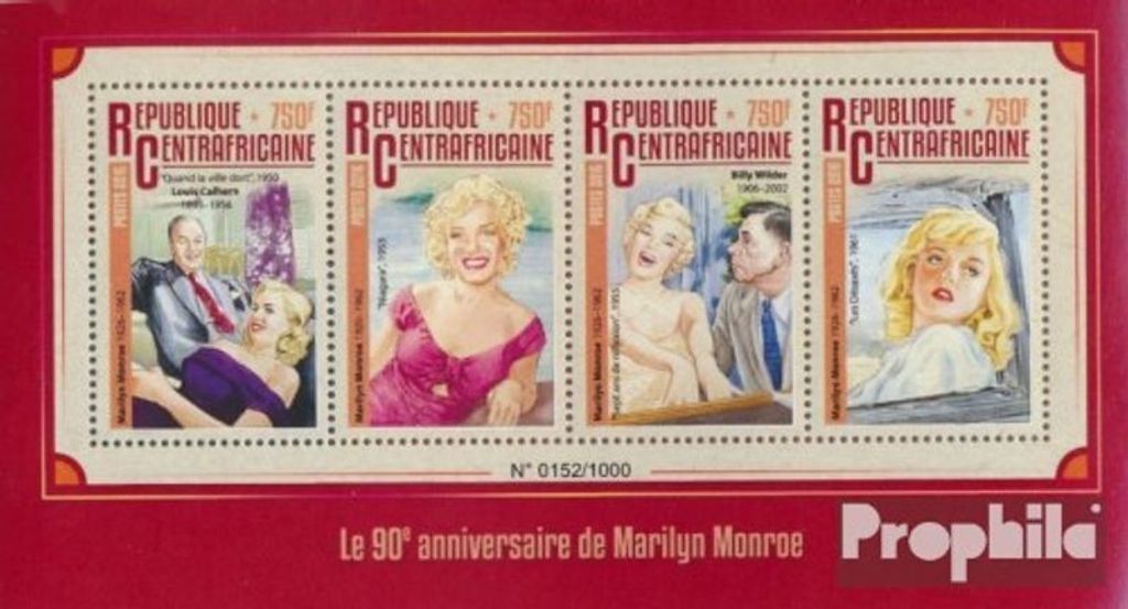 Briefmarken Zentralafrikanische Republik 2016 Mi 6075-6078 Kleinbogen (kompl. Ausgabe) postfrisch Marilyn Monroe