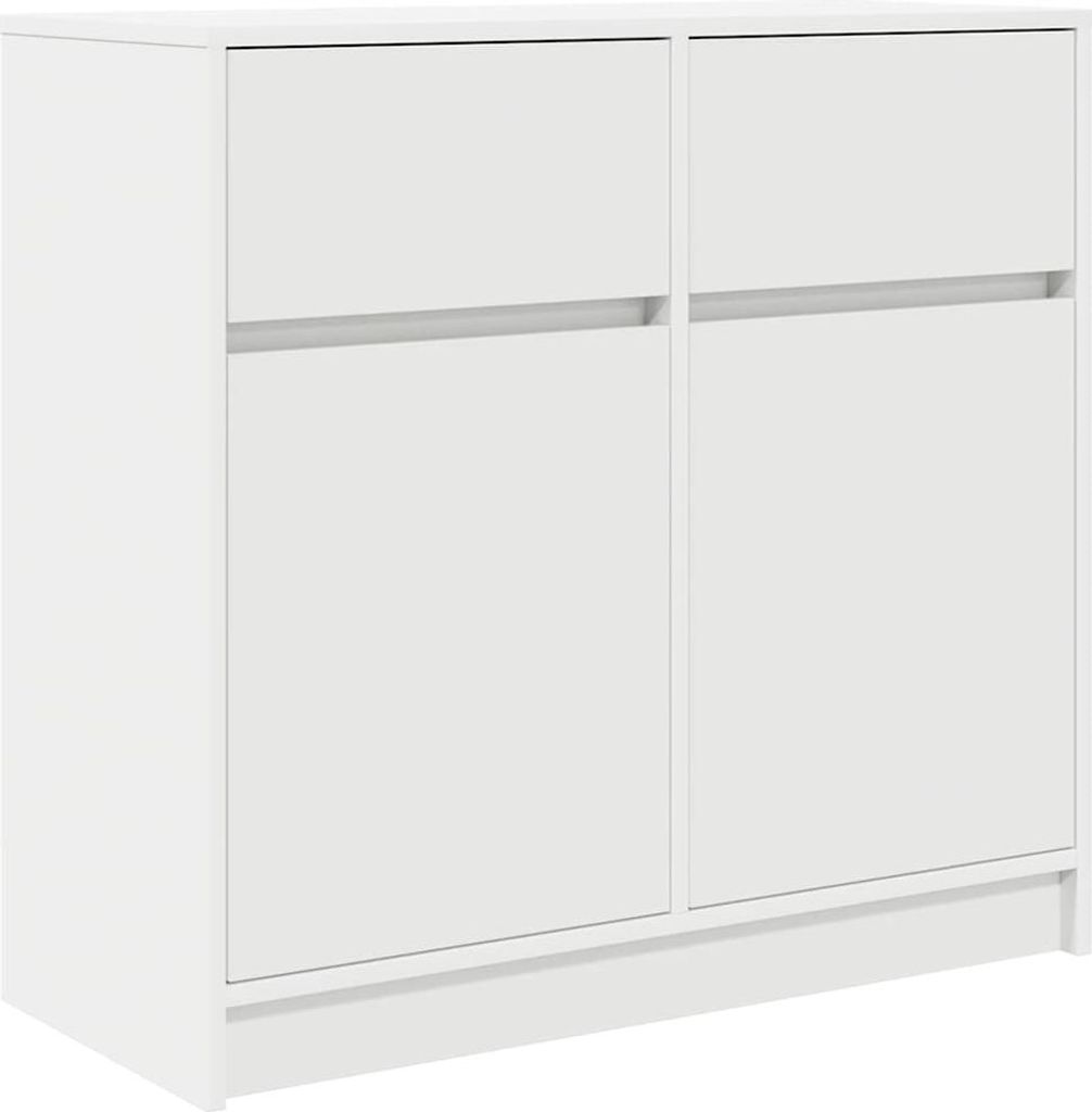 A white sideboard with two doors and a drawer is shown from a three-quarter angle against a white background.