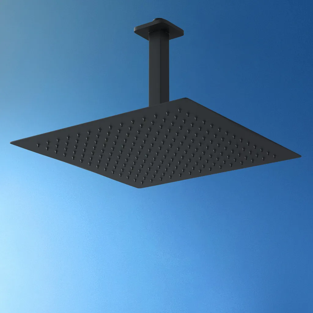 JOHO Soffione doccia a pioggia in acciaio inox 304, Docce Fisse 30 x 30 cm con braccio doccia a pioggia per attacco a soffitto 15 cm, Nero