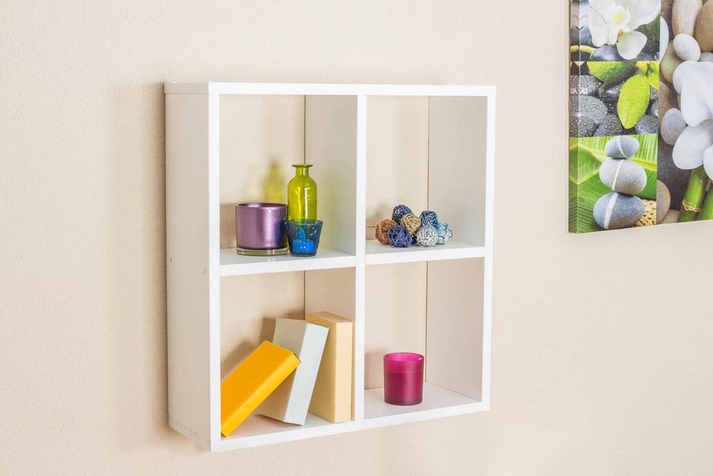 Hängeregal, Wandregal, Bücherregal - 64 cm breit, Kiefer Massivholz, Farbe: Weiß