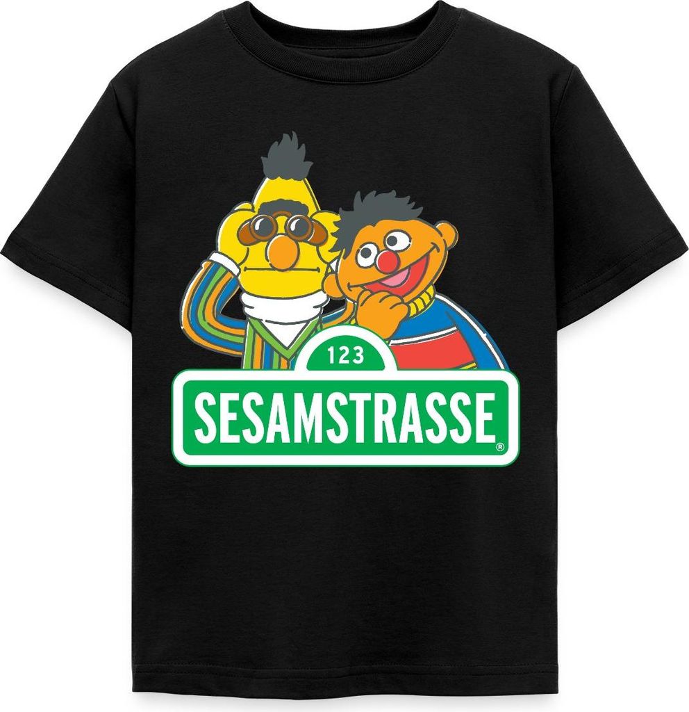 Spreadshirt Sesamstraße Schild Ernie und Bert Kinder T-Shirt, 110/116 (5-6 Jahre), Schwarz