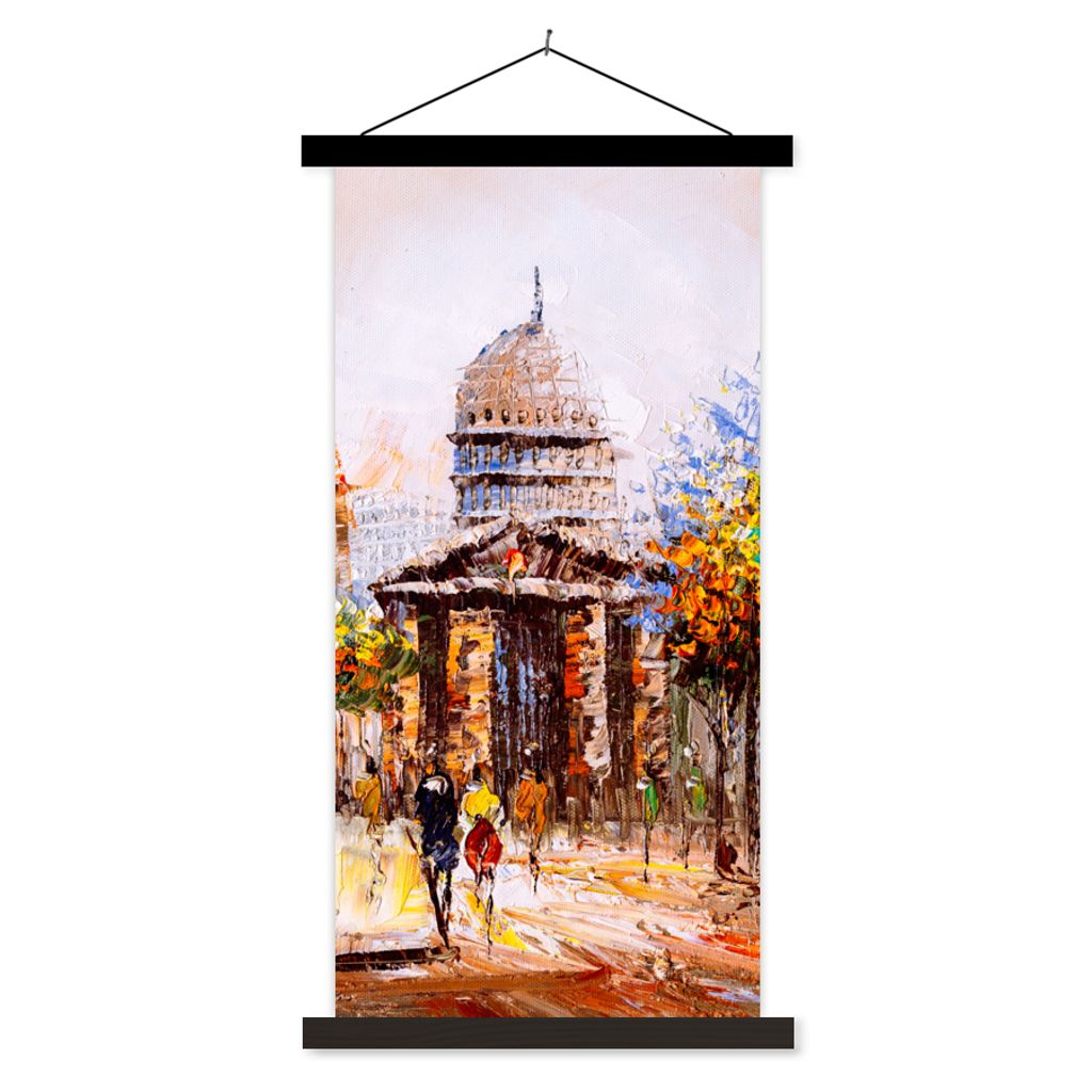 MuchoWow Textilposter Gemälde - Stadt - Öl 60x120 cm mit schwarzem Rahmen - Magnete