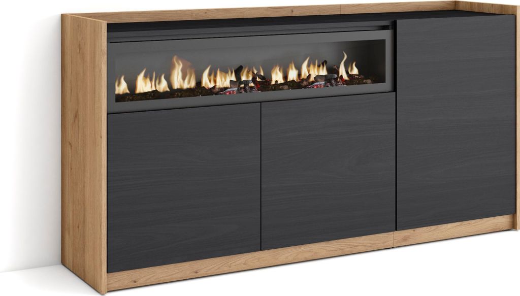 Sideboard, Highboard, 156x37x80cm, 3 Türen, Elektrokamin., Schwarz Eiche