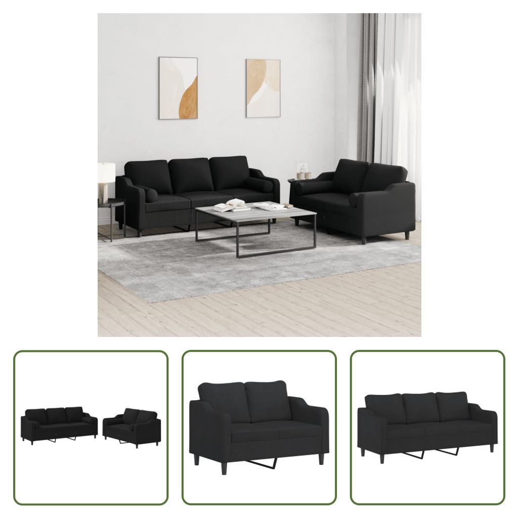 The Living Store 2-tlg. Sofagarnitur mit Kissen Schwarz Stoff