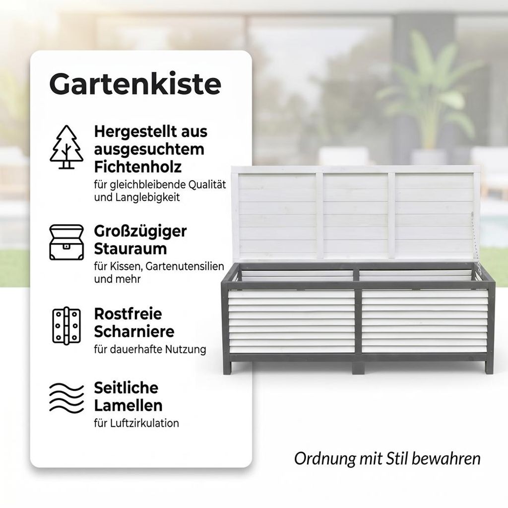 Mucola Auflagenbox Holz 140cm Grau/Weiß