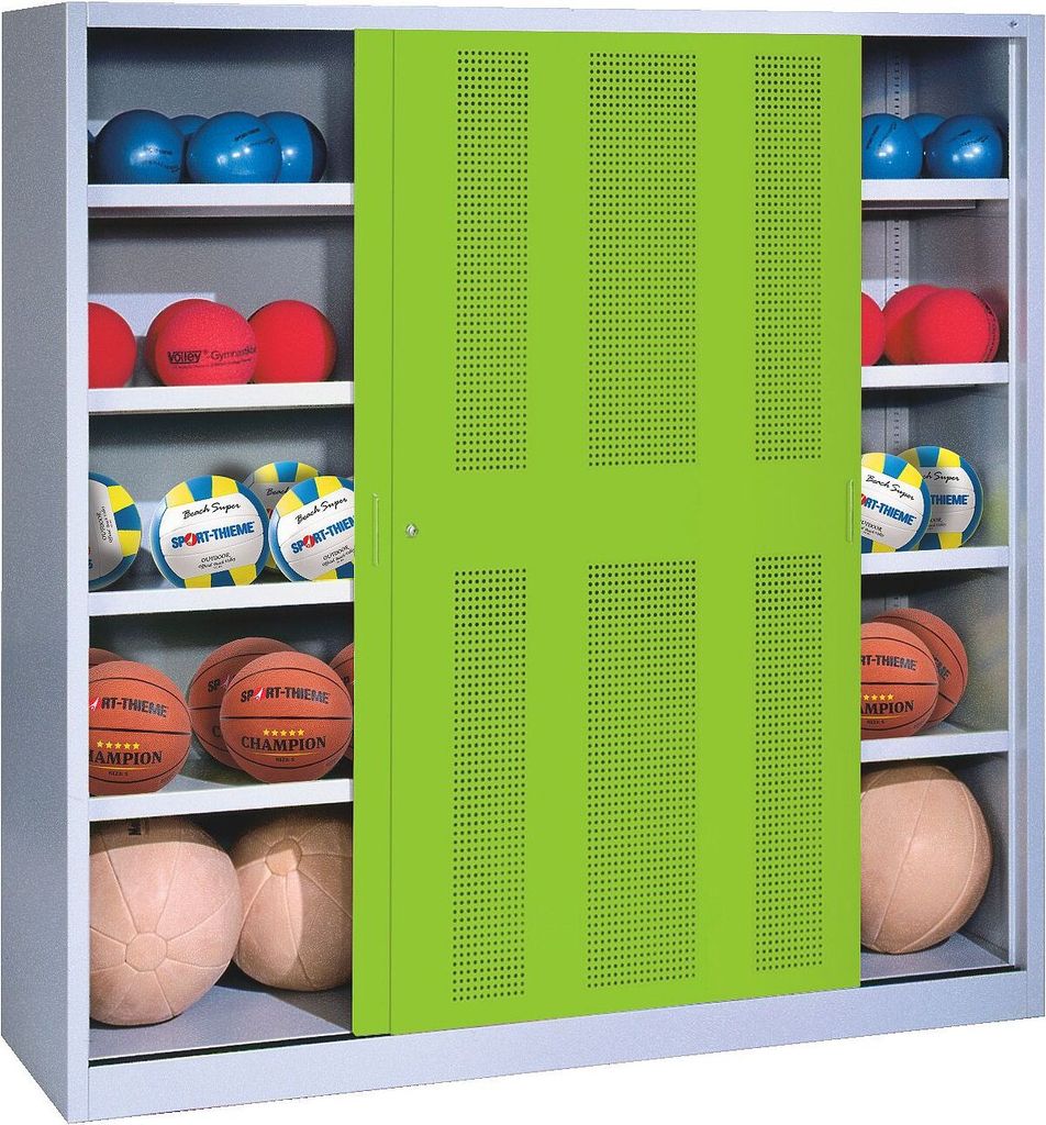 C+P Ballschrank mit Lochblech-Schiebetüren (Typ 4), HxBxT: 195x120x40 cm, Clowngrün (RAL 110 80 60), Lichtgrau (RAL 7035), Gleichschließung
