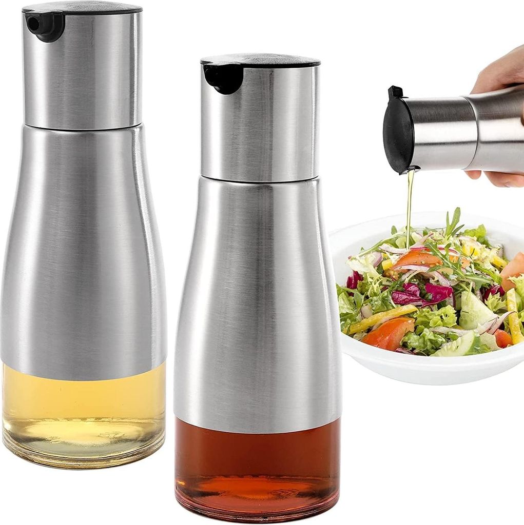 2 Stš¹ck 320ml Silberne Oliven?l und Essigspender Set, Essig und ?lspender Set, Eleganter Edelstahl mit Glasboden, ?lspender ?lflasche fš¹r Kš...