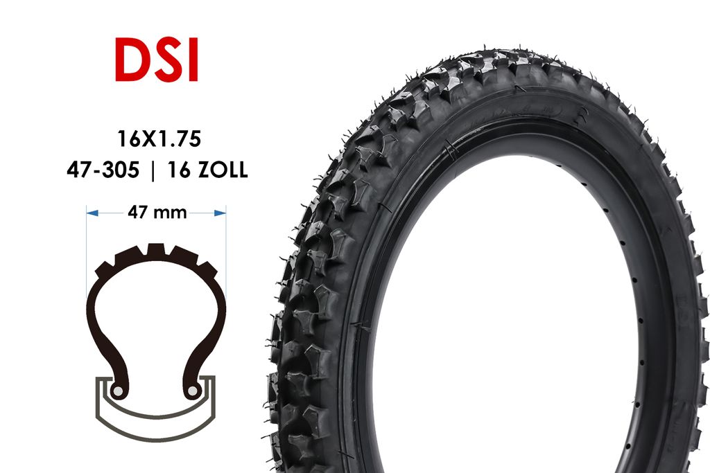 16 Zoll DSI Fahrrad Reifen 16x1.75 MTB Mountain Bike Kinderrad 47-305 tire black