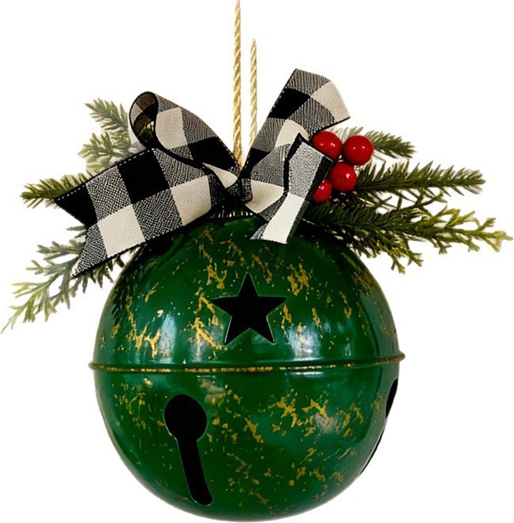 Rustikale Weihnachtsglocken mit Tannennadeln, roten Beeren, Schleife, Metallschlitten-Glocke – ideal als Weihnachtsbaumschmuck im Landhausstil.