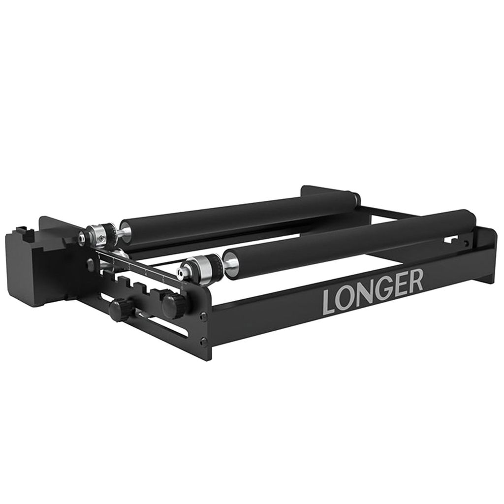 A black laser engraver rotary roller attachment with the brand name 'LONGER' visible on the side.